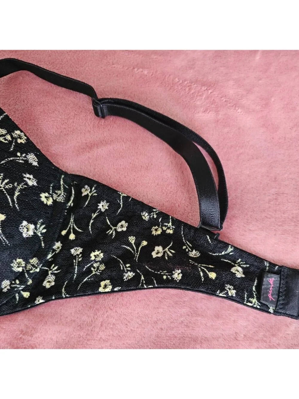 Black Floral Lace Victorias Secret Pink 34DD Push-Up Bra W/Adj Straps & Back - Picture 12 of 15